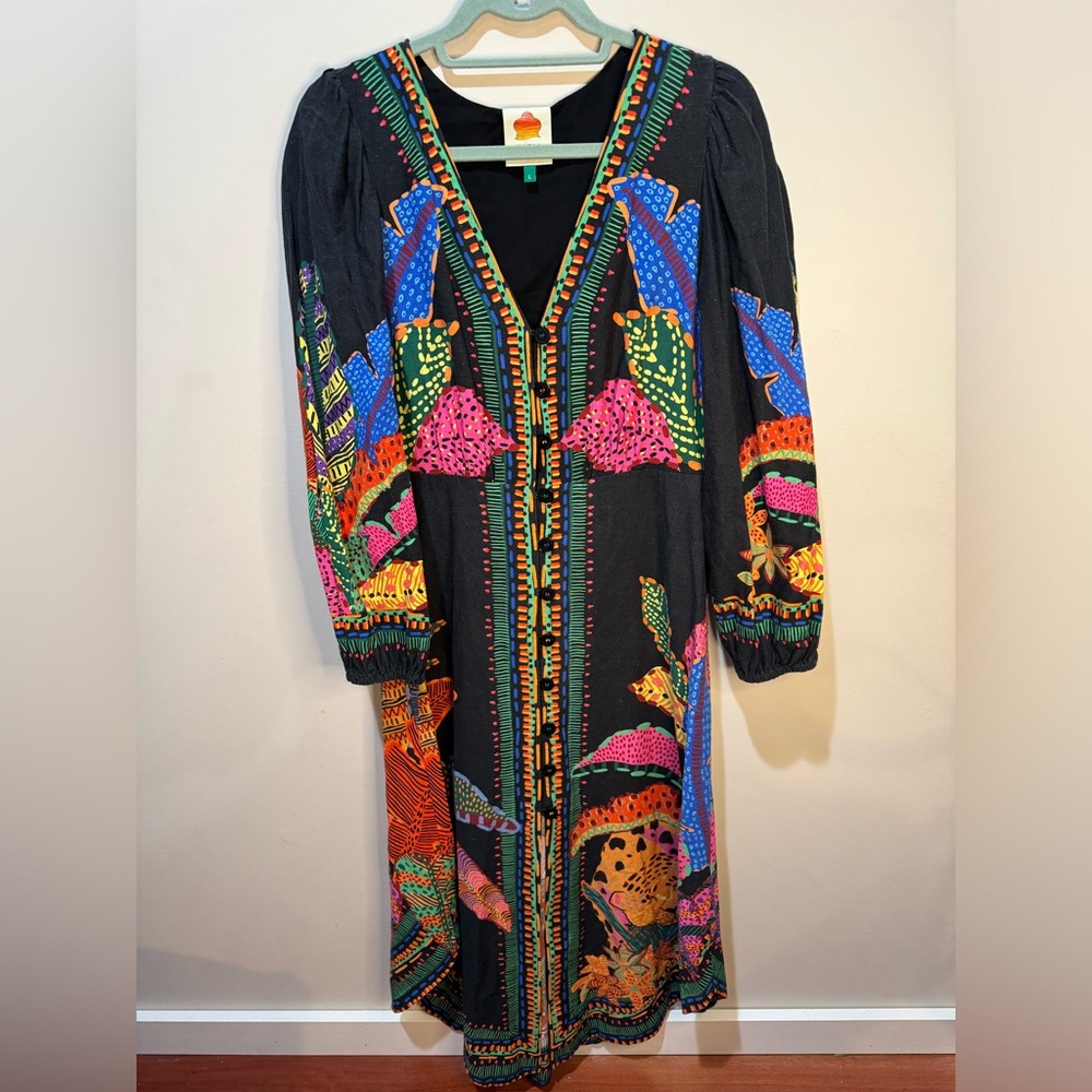 FARM Rio Black Cool Leopards Linen Blend Maxi Dress Size L